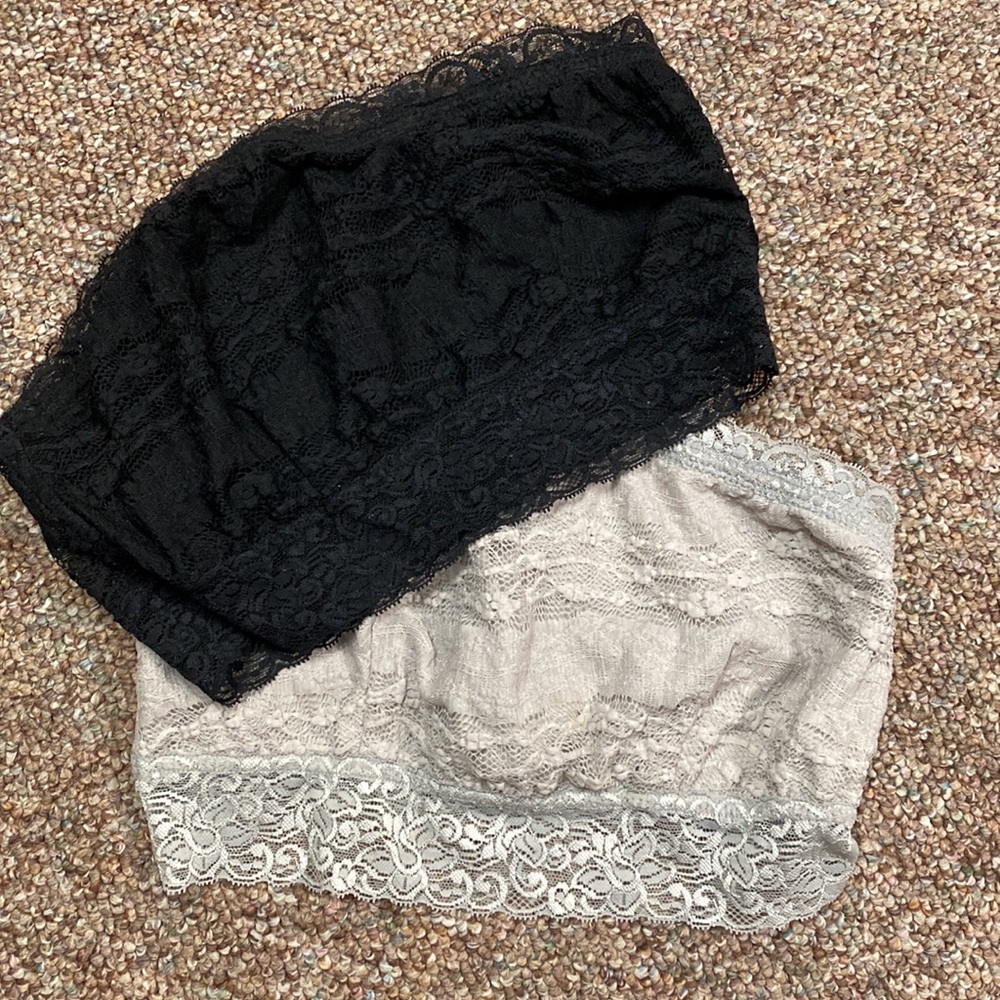 UK Style French Connection 2-blk & gray lace strapless bralette. Size M/S
